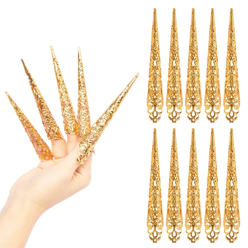 2022 New DIY 10pcs Luxury False Nails Press on Finger Nail Tip Claw Rings Ancient Queen Costume Fingertip Claw Nail Rings