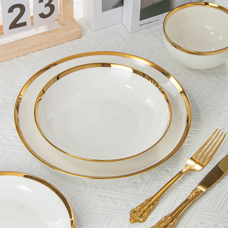 Weißes Porzellan Tafelservice Mit Goldrand – Luxuriöses Keramik Essgeschirr-set Bestehend Aus Runden Speisetellern Und Schalen