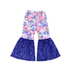 Pantalones acampanados para niña con lentejuelas azul real y estampado floral mixto blanco