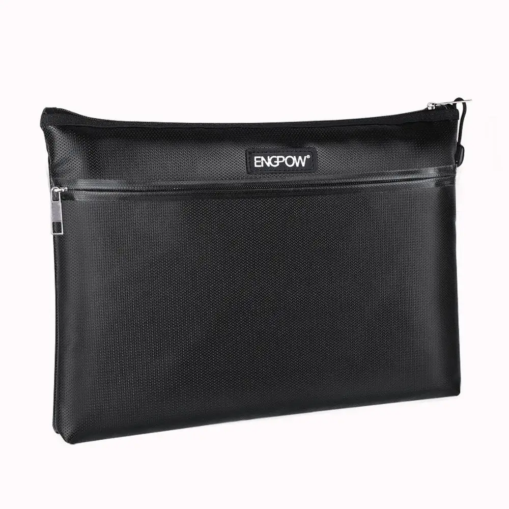 Black Two Packets Waterproof Fireproof Two Zipper File Document Safe Bag for Office Large Capacity A4 Tablet Money Coin Bag