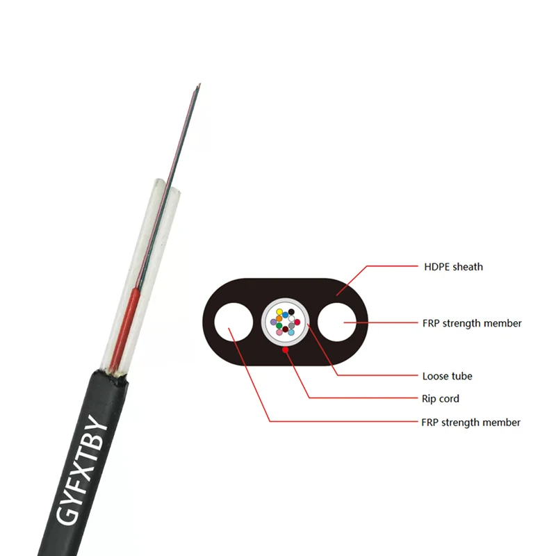 FTTH Outdoor 1-Core GYFXTBY Overhead LSZH Flat Single Mode Fiber Optic Cable G625D 2F 4F with PBT Loose Tube Material