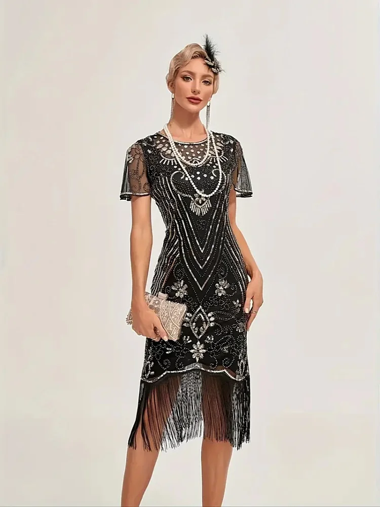 Plus Size Flapper Dresses 1920s Dresses for Women Crew Neck Great Gatsby  Dresses with Sleeve Roaring 20s Dress for Harlem Nights