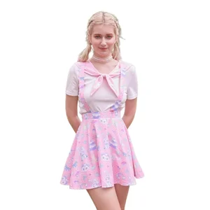 Women's Pink Sweet Style Bow Decoration Spandex/Polyester Pinafore Tops Suit Printed Uniform Sailor Collar Girls A-Line Skirt