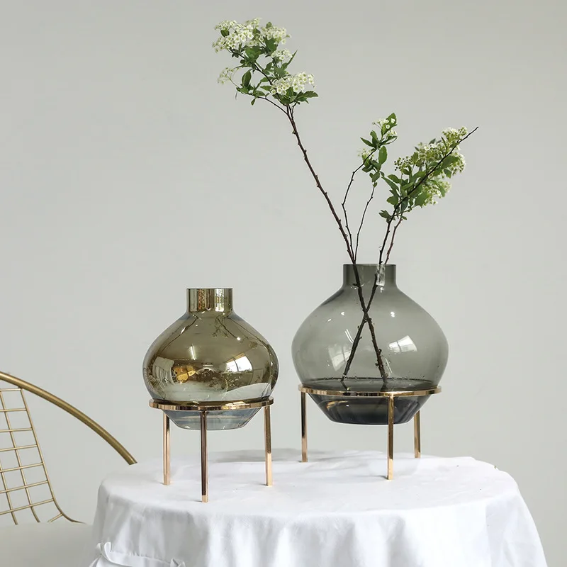 Set Di Vasi Decorativi In Vetro Con Porta In Ferro Nero - Stile Nordico - Centrotavola Per Fiori - 24x14x14 Cm