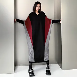 Bettergirl 2026 Ramadan new Color blocking patchwork bat sleeve V-neck knitted dress