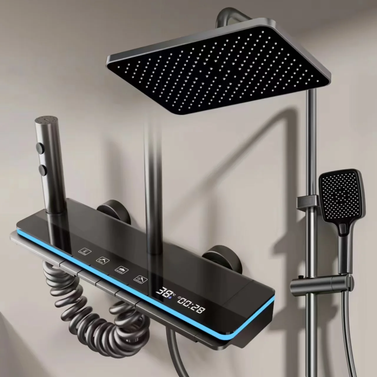 Modern Brushed Smart LED Digital Display Water Saving Starry Light Effect Rain Thermostatic Hotel Shower Set