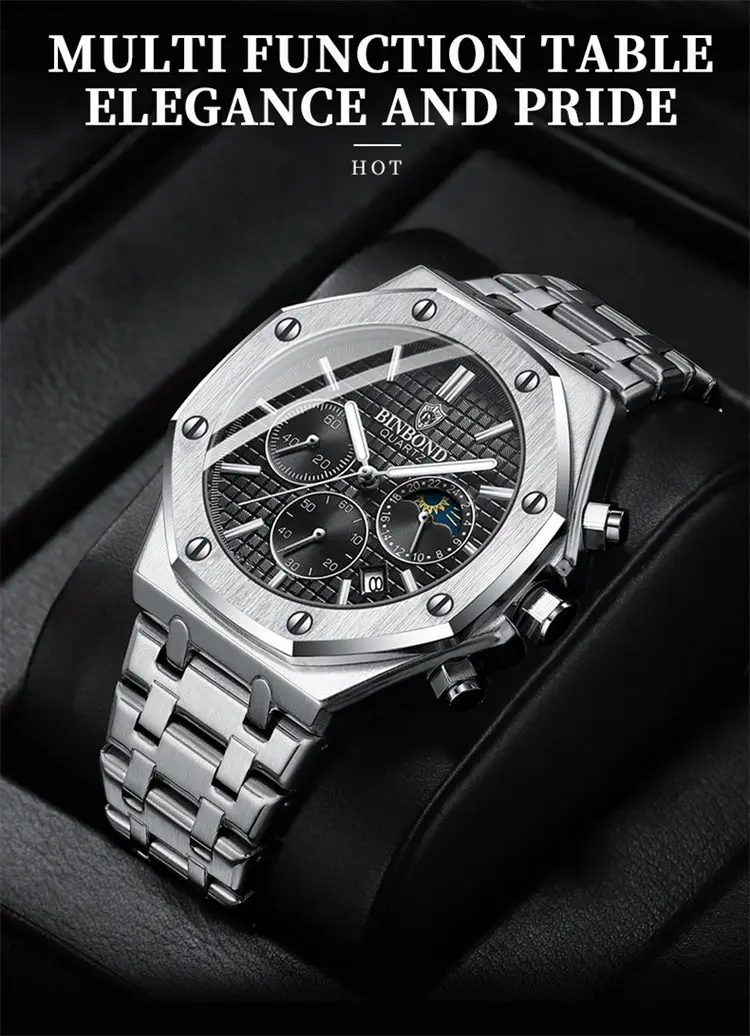 BINBOND 0161 wholesale Custom Logo gents hour exclusive Stainless steel band Luminous Chronograph low moq business watch set