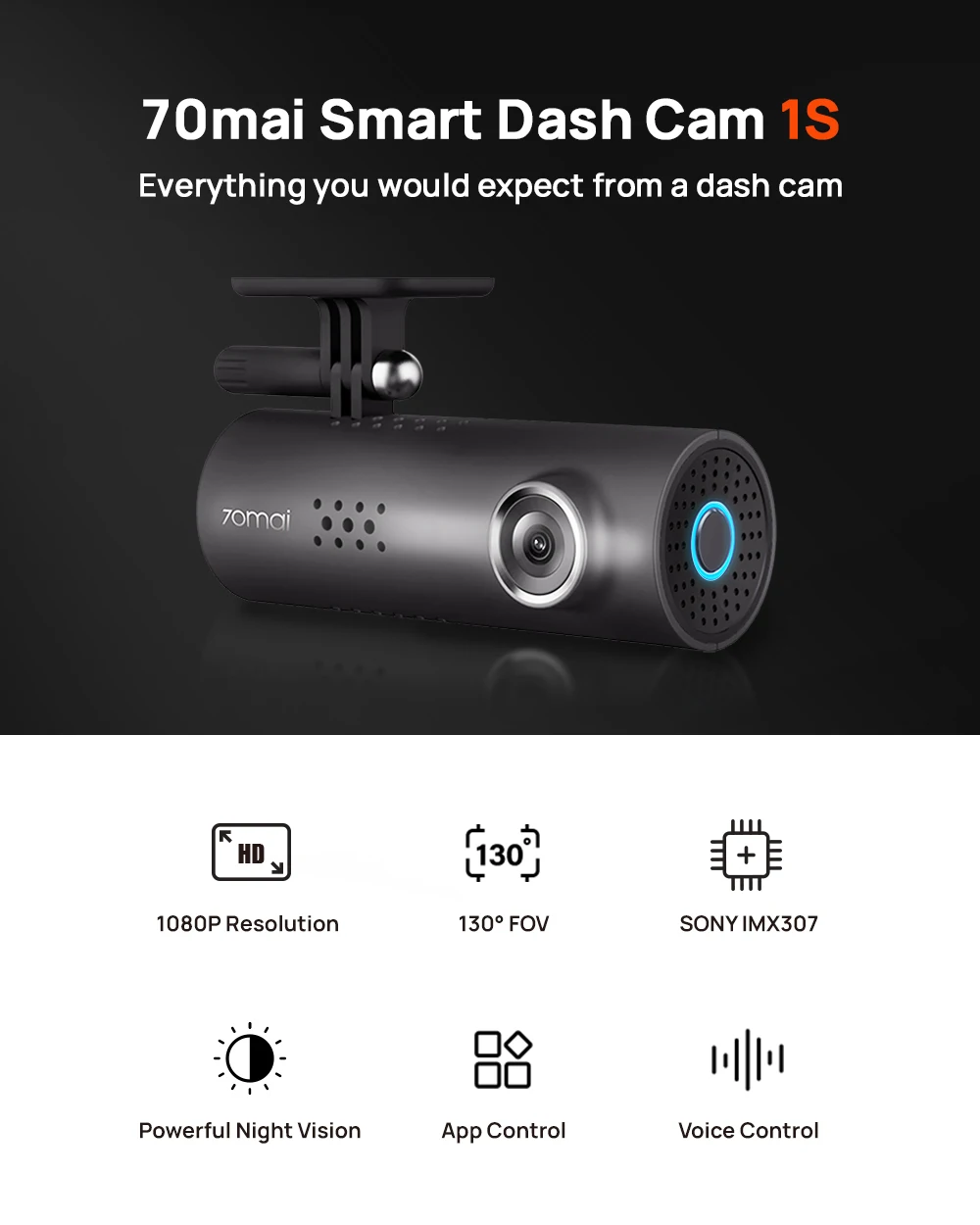 70mai Smart Dash Cam 1S, 1080p Full HD, Sony IMX307, Voice Control Cam 1pc