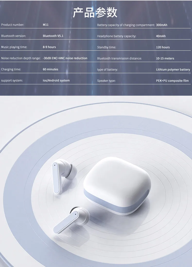 M11 ANC ENC call noise reduction Headphone 120 hours long battery life TWS Earphone HiFi Stereo Gaming Wireless Earbuds - ANKUX.COM
