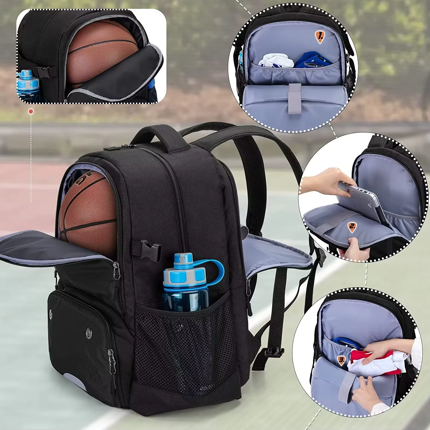 Waterproof High Quality Custom Sports Basketball Backpack with Zipper Closure Polyester Anti-Theft USB Ball Storage Compartment