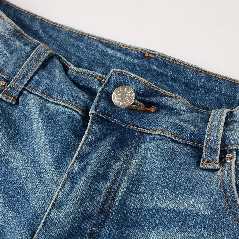 Hot Sell Custom Men Vintage Blue Denim Knee Distressed Hip Hop Washed Pants Ripped Stacked Jeans