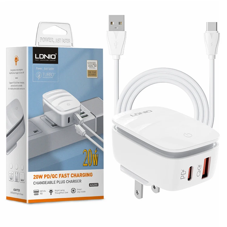 LDNIO A2425C TRAVEL CHARGER US EU UK PLUG 20W PD CHARGER WITH SOFT NIGHT LAMP