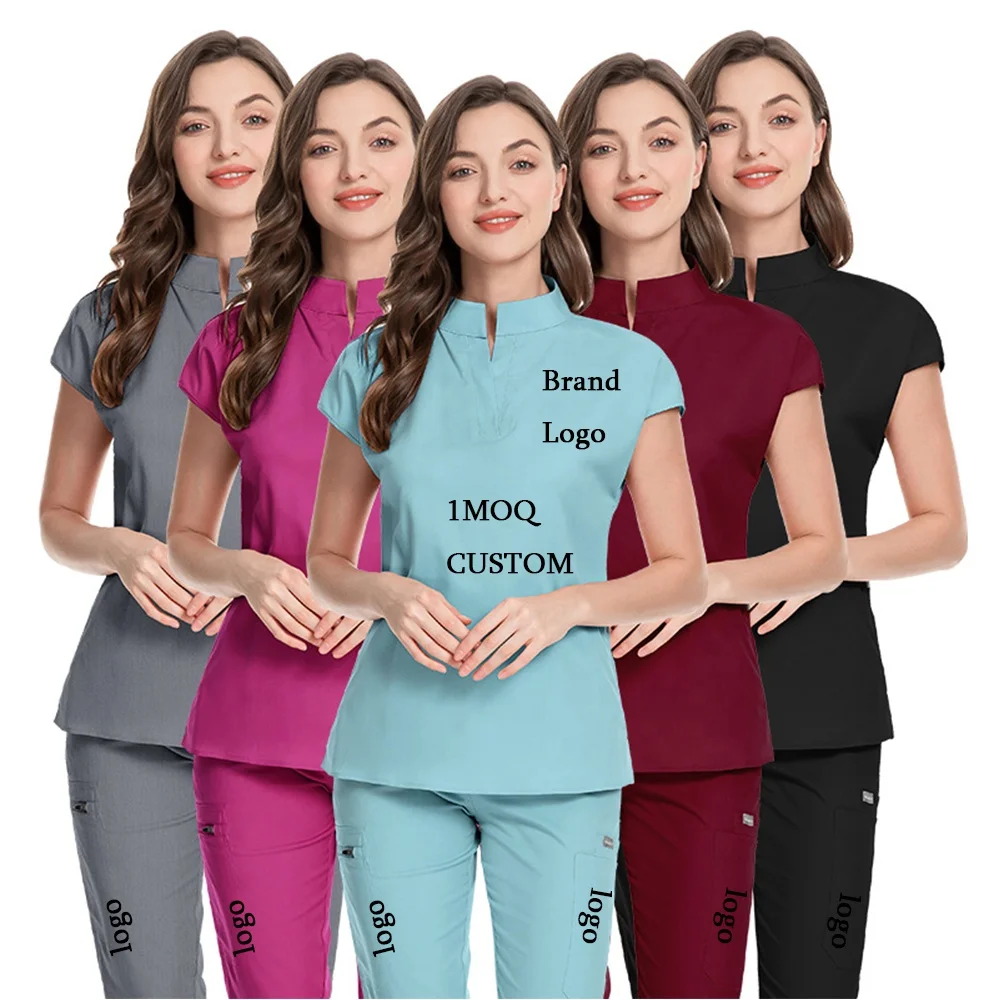 Logo Custom Chinese Classic Style 2 Piece Jogger Set Massage Beauty Salon Nursing Uniforms Women Solid Color Medical Scrubs