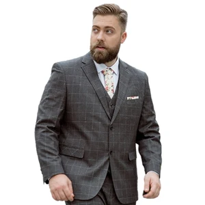 Customized Men's Suit Three-piece Plus-size Business Casual Fat Suit Loose Gray Plaid Wedding