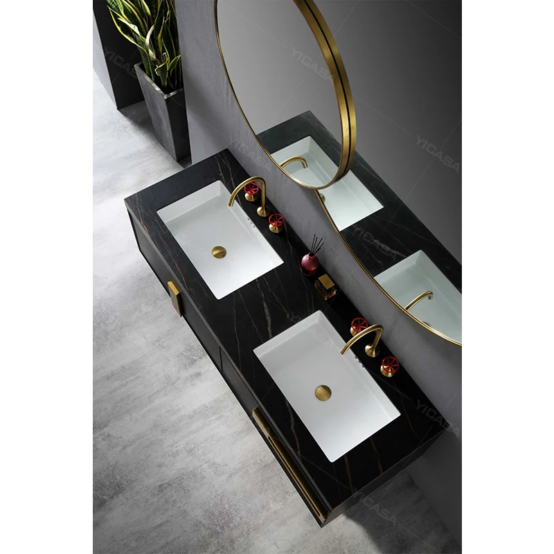 Роскошная тарелка из спеченного камня раковина для ванной комнаты латунная ручка твердый деревянный настенный шкаф со светодиодным зеркалом