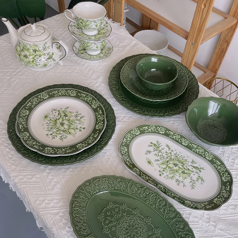 French Retro Dark Green Ceramic Tableware Bowls and Plates Light Luxury  Style Creative Tableware Plate Sets