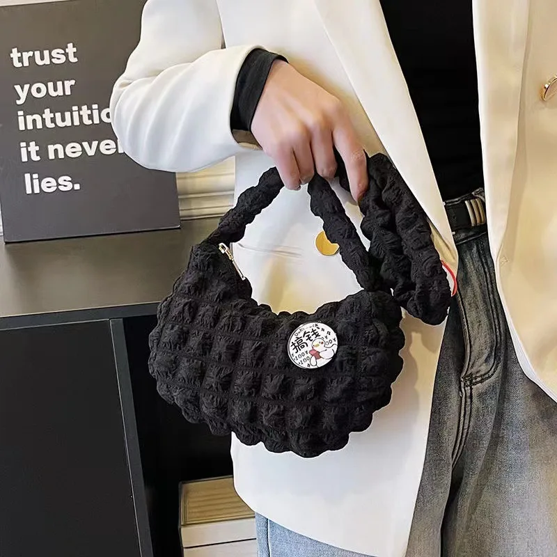 Trendy Women's Solid Color Cross-Border Handbag Trendy Cloud Bag Fashion Versatile Shoulder Pleated Bubble Polyester for Autumn