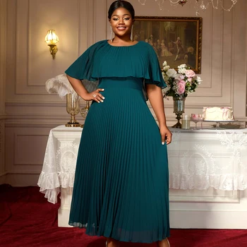 AM050510 Elegant Cape Sleeve Christmas Green a Line Maxi Formal Chiffon Pleated Plus Size Women's Dress