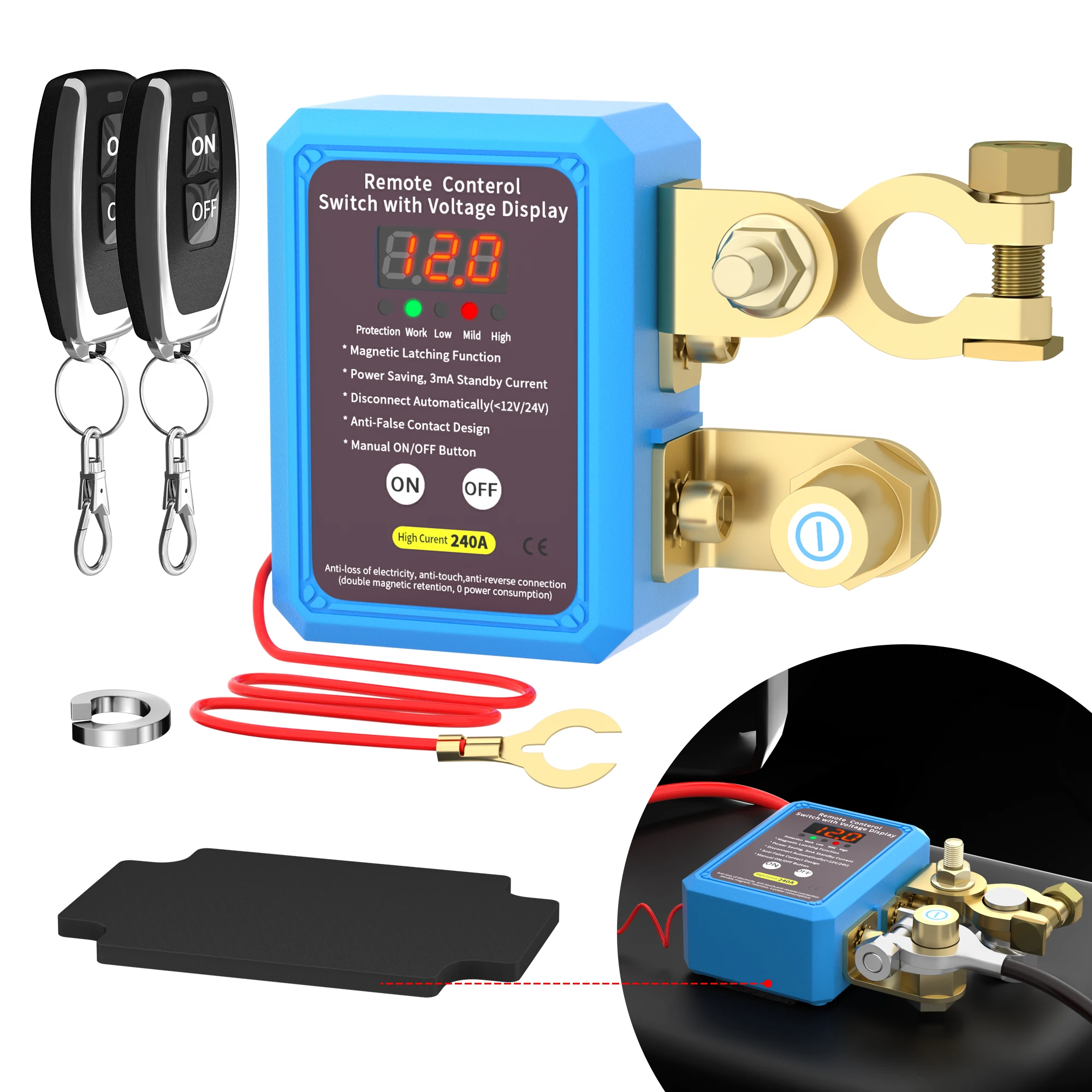 GEARCELL Kill Switch Con Display Tensione – Interruttore Remoto Batteria 12V/24V 240A – Antifurto Auto, Camion, Barca