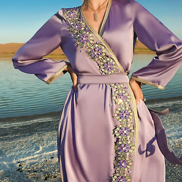 Islamic Clothing Luxury Long Purple Silk Women Abaya Muslim Dress