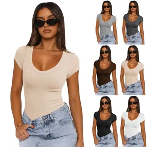 Thread Ribbed T Shirt Y2K Summer Slim Fit Tee Tops Short Sleeved T-shirt Design Sense Shoulder Top for Women