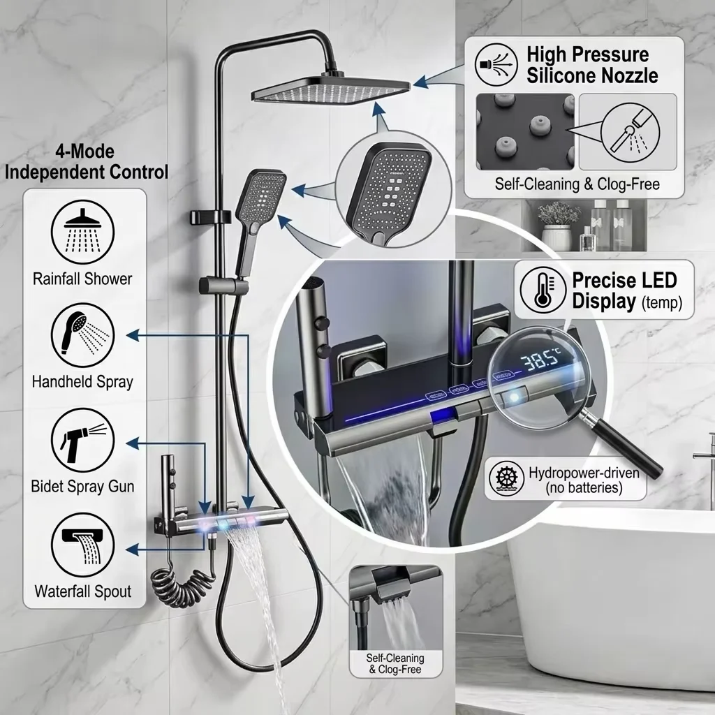 Thermostatic shower system control panel with digital temperature readout