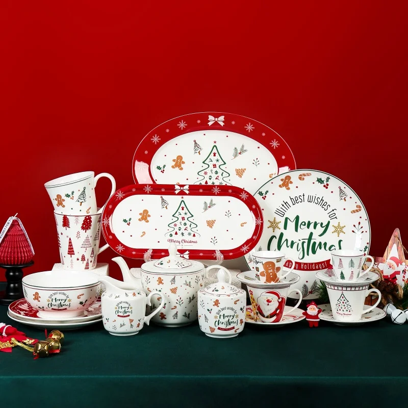 Factory Supply Customized Porcelain Ceramic Tableware Set Cup Bowl Christmas Dinnerware Set for Hotel Bar and Restaurant