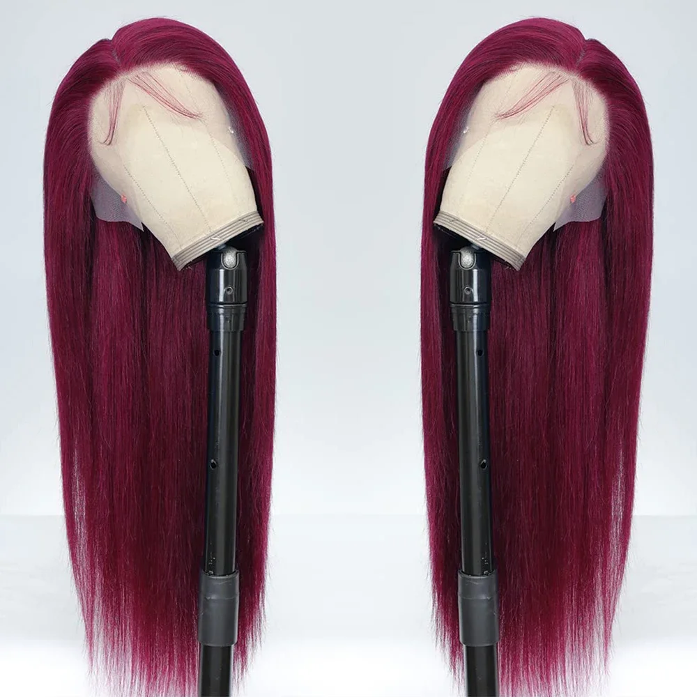 Burgunderrote, glatte Perücke aus menschlichem Haar, 13 x 4 Spitzenfront, brasilianisches Remy-Haar, weich für Frauen_voghion.com