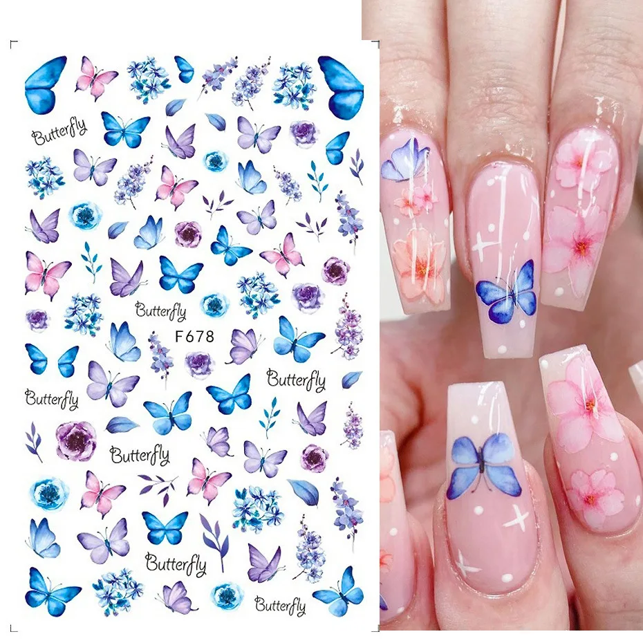 1 Sheet Blue Butterfly 3d Nail Stickers Flowers Leaves Self Adhesive