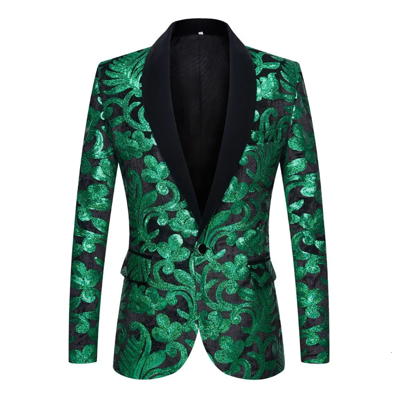 Men Spring Autumn Two Pieces Suits Sequins Velvet Green Floral Sequins Blazers Wedding Prom Stage DJ Singers Suit Jacket