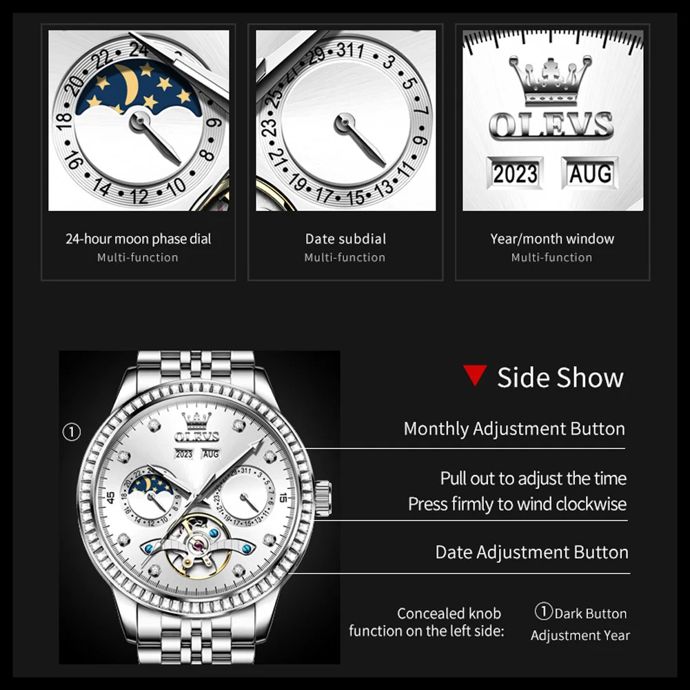 OLEVS 7016 Fashion China Male Mechanical Watch Perfect Stainless Steel Band Waterproof Auto in Stock Business Hand Watch