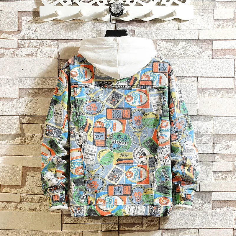 New Autumn Designer Graffiti Camouflage Denim Jacket Men's Fashion Color Jean Jacket