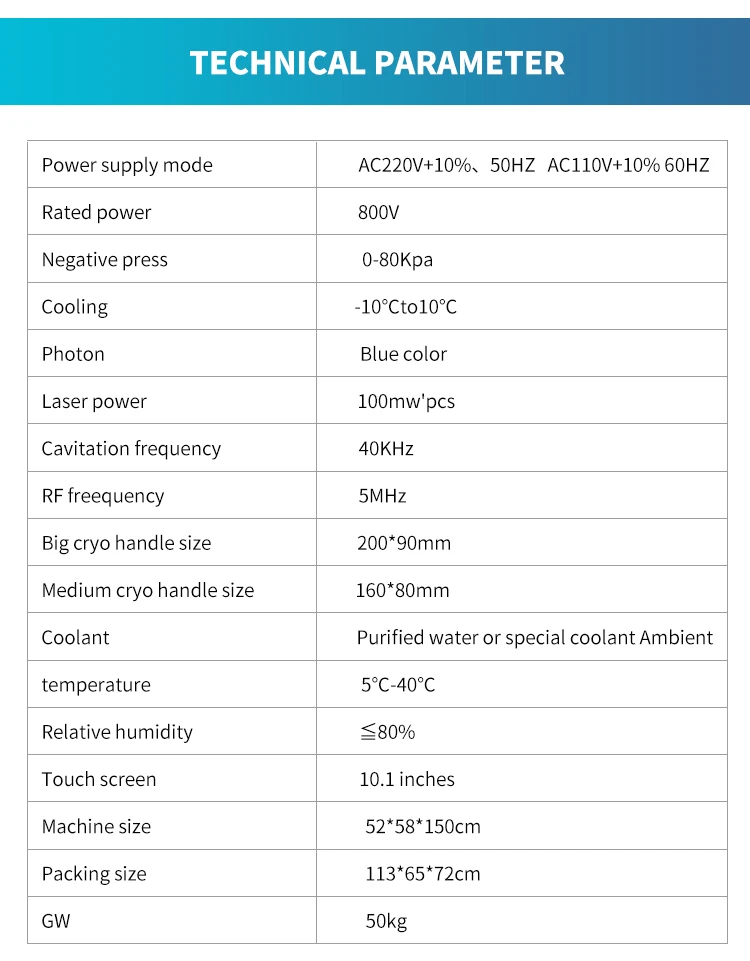 <p data-pm-slice="1 3 []">The Cryolipolysis and Body Slimming Machine is a multifunctional body contouring system designed for professional aesthetic salons, Med Spas, and beauty clinics. Combining controlled cooling, 40KHz ultrasonic cavitation, 6-polar radiofrequency (RF), and laser lipolysis in one platform, it offers multiple treatment modalities for customized body contouring services.</p> The system includes four cryolipolysis applicators—2 large, 1 medium, and 1 small—alongside dedicated cavitation, RF, and laser lipolysis attachments. With adjustable vacuum pressure of 0–80 kPa and a cooling range of -10°C to 10°C, it provides versatile configuration options for professional body treatment protocols. <strong>Key Features</strong> <ul data-spread="false"> <li>Multiple technologies integrated into one body contouring platform</li> <li>Four cryolipolysis applicators in three sizes</li> <li>40KHz ultrasonic cavitation</li> <li>6-polar RF handpiece for body contouring applications</li> <li>Laser lipolysis attachments with specified 100 mW-per-emitter output, subject to manufacturer confirmation</li> <li>Adjustable negative pressure from 0 to 80 kPa</li> <li>Dual-voltage options for different electrical markets, subject to configuration confirmation</li> </ul> Cryolipolysis Body Slimming Machine with Cavitation RF & Laser Lipolysis