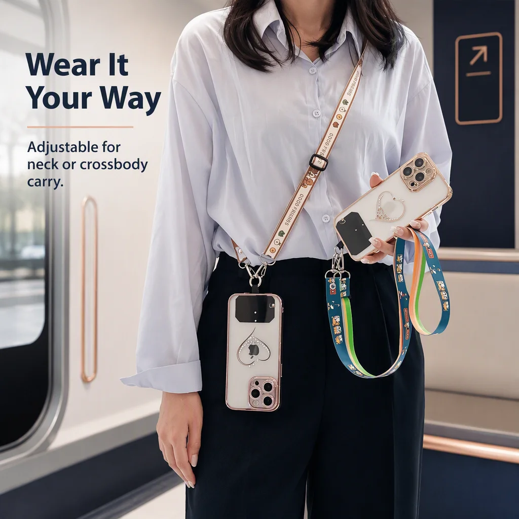 Adjustable New Anti-Lost Necklace Lanyard Crossbody Mobile Cellphone Tether Metallic Phone Charm Straps for iPhone Accessory