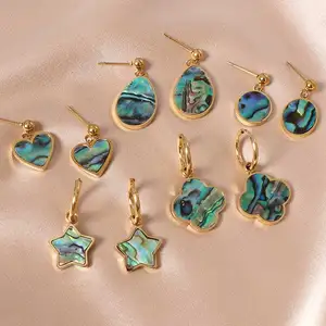 Aurora Chic Women's Trendy Stainless Steel 18K Gold Plated Dangle Hoop Earrings Star Heart Pendant Natural Abalone Shell
