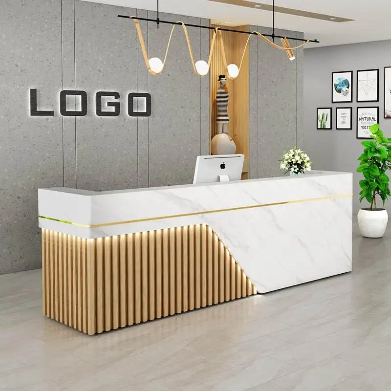 Factory Custom Free Logo Marble Bar Front Counter With Led Light  Office Reception Table  l Shaped Beauty Salon Reception Desk