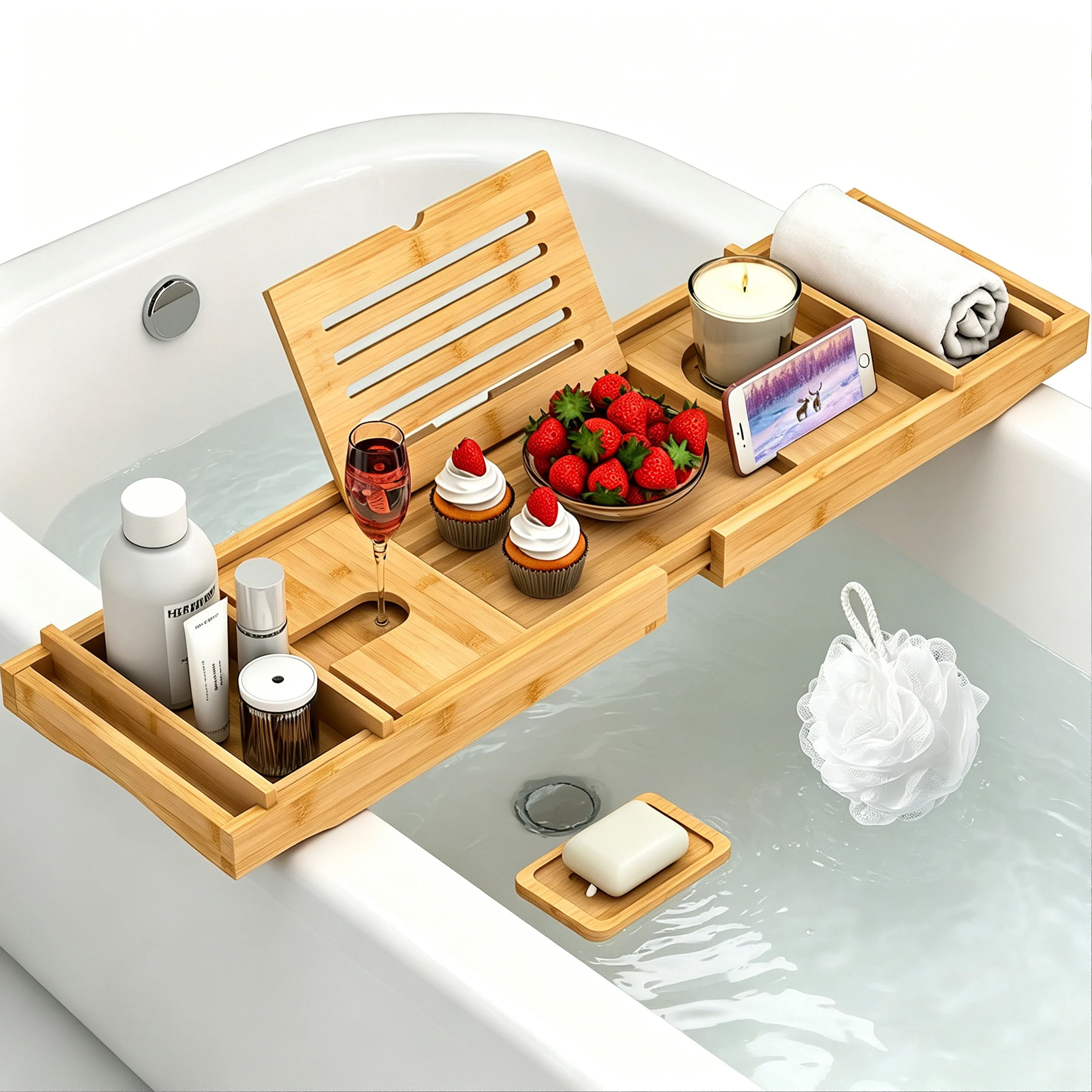 Bamboo Bathtub Caddy Bath Tub Tray Organizer Expandable Tray With Wine Cup Phone Slot Tub Rack Bathroom Tray for Home Bath Use