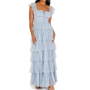 Party Style Lady Dress Solid Square Neck Fluttery Sleeves Dot Tulle Tiered Tiered Maxi Elegant Women's Dresses
