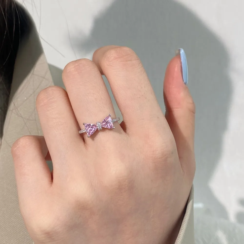 KAKODIY Pink Heart Shape Wedding Ring Shiny 5A Cubic Zirconia Ring Bow 925 Sterling Silver Ring Women Birthday Gift detail 1