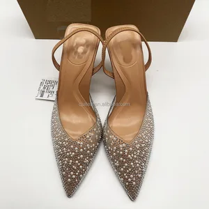 QuiteS New French High Heels Women's Shoes Pointed Black Rhinestones Shallow Mouth Back Empty Strap Slingback Fashion Sandals