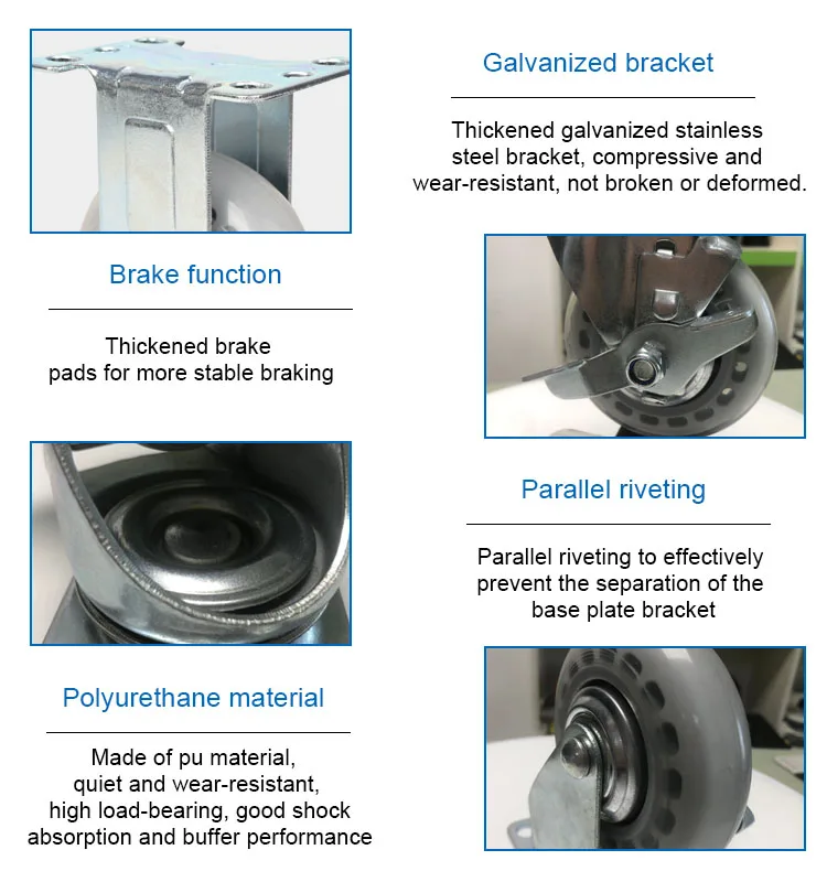 High elasticity 3 4 5 inch transparent pu polyurethane light duty caster wheels with brake factory