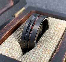 8mm Black Hammered Matte Finished Tungsten Meteorite Dinosaur Bone Inlay Wedding Ring for Men