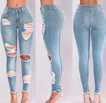 Women's New Mid Waist European American Spring Style Cargo Pants Elastic Leg Ripped Pencil Jeans Beading Softener for Teenagers