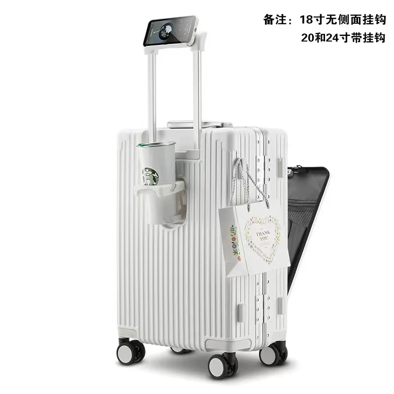 new arrival fashion trendy multi-functional front open luggage high quality PC aluminum frame suitcase with USB