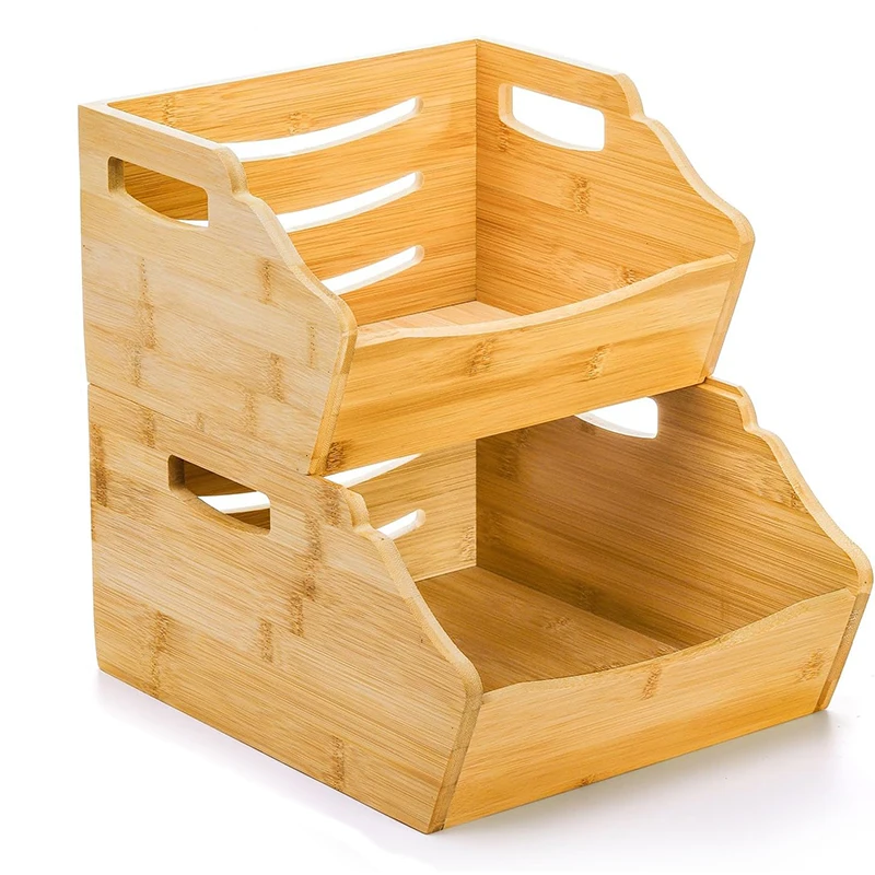 Wholesale Eco-Friendly Multifunctional 2-Tier Stackable Bamboo Home Kitchen Storage Organizer Fruit Basket with Handle