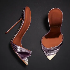 Stylish Slip on Snakeprint High Heels Women Pointed Toe Stiletto Sandals