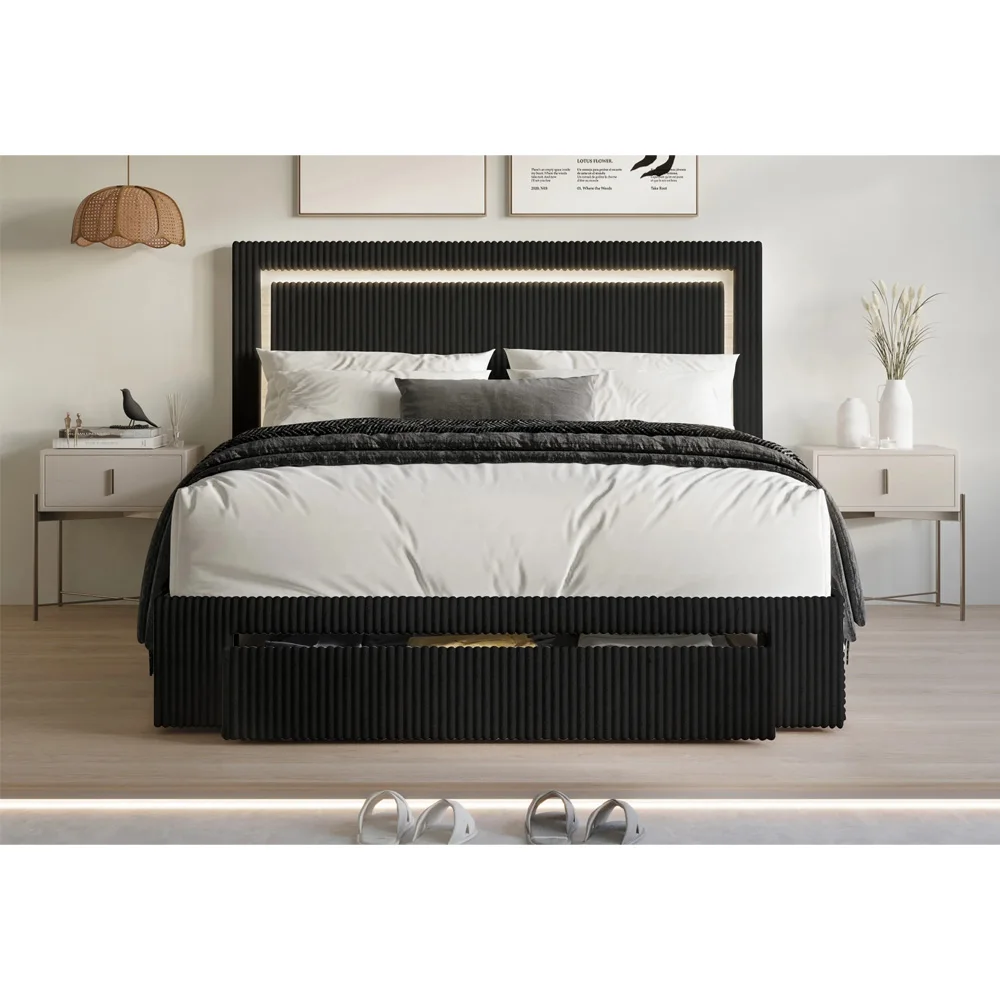 Latest modern design bed set LED Glow Headboard storage drawer Queen size comforter luxury bed for Apartment Hotel and Bedroom