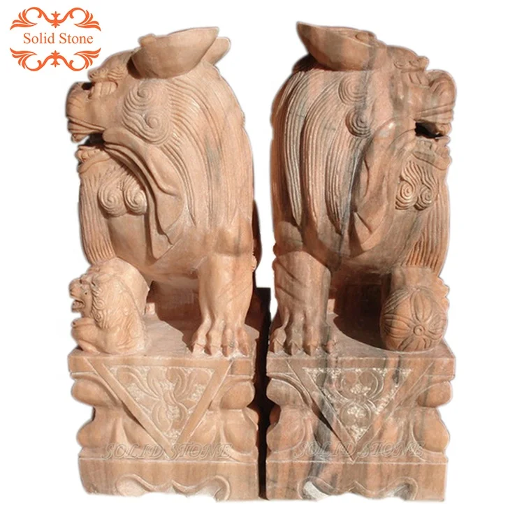 Chinese Style Hand Carved Marble Stone Statue Life Size Foo Dogs for Sale
