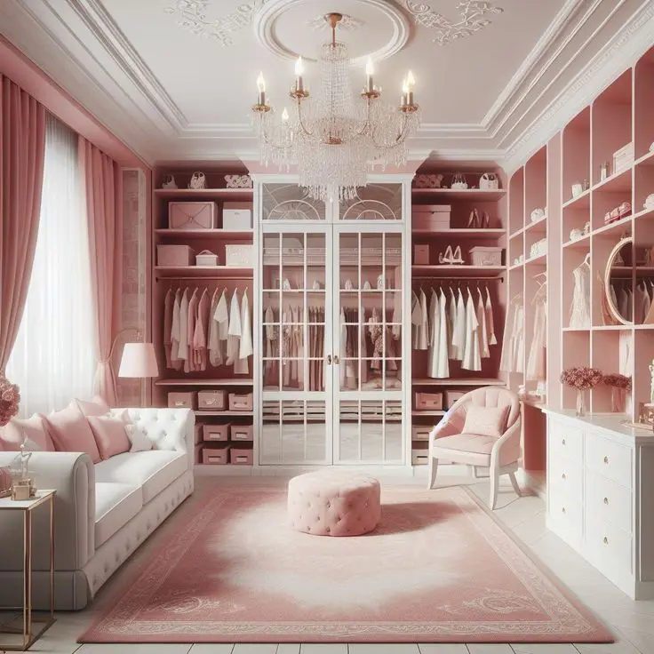 Custom Design Light Luxury Walk-in Wardrobe Girl's Closet Pink Color Wood Wardrobe