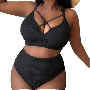 High Quality Plaid Pattern Women's Plus Size Swimsuit Large Size African Bathing Suit 2-Piece Set Wholesale